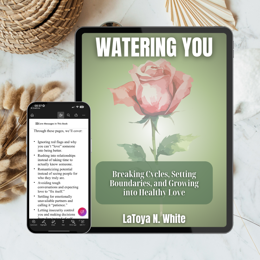 Tablet and phone displaying a book titled 'Watering You' by LaToya N. White on a marble surface with decorative elements.