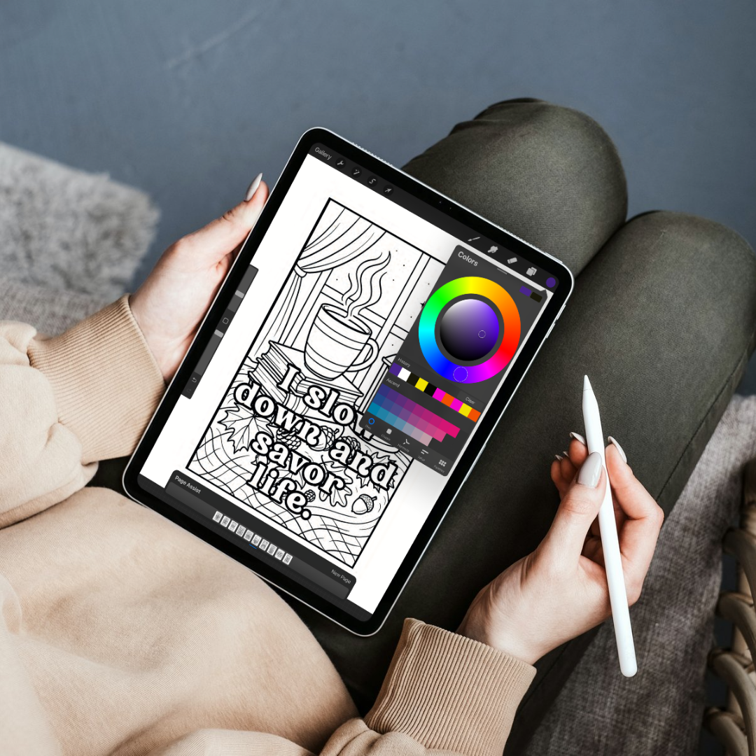 woman sitting using app on autumn-themed color pages
