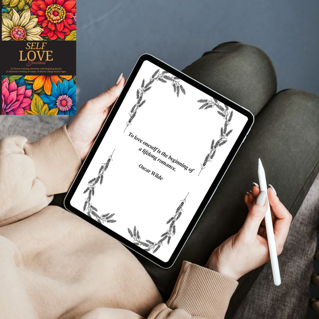 Person holding a tablet with a motivational quote, surrounded by self-help books on a blue background.