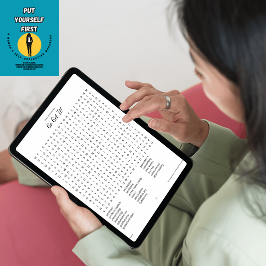 Person holding a tablet with text on the screen, with a logo in the top left corner.