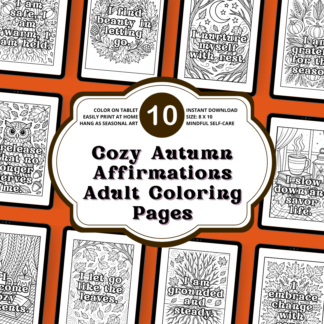 product mockup of 10 autumn-themed coloring pages with orange background