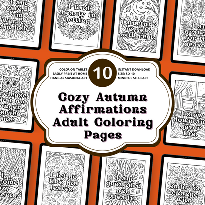 product mockup of 10 autumn-themed coloring pages with orange background