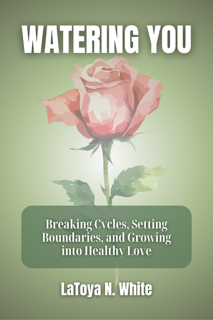 Book cover with a pink rose and text about breaking cycles and setting boundaries on a green background