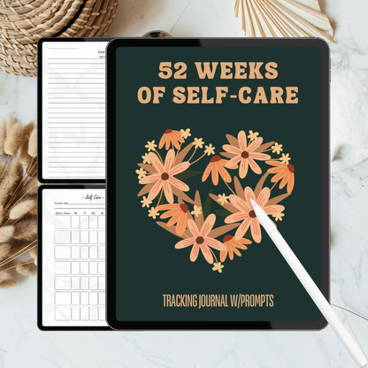 Digital mockup of a '52 Weeks of Self-Care' tracking journal on a tablet with a pen and notebook.