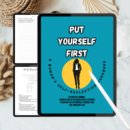 Tablet displaying a self-reflective workbook on a marble surface with feathers and a notebook.