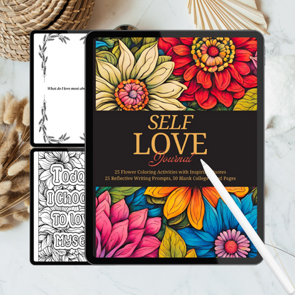 Colorful 'Self Love' journal with floral designs on a tablet screen, surrounded by feathers and a pen.