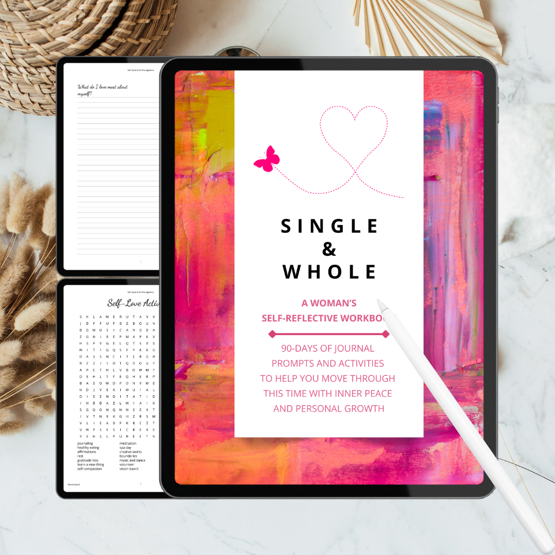 Digital product packaging for 'Single & Whole' self-reflective workbook on a tablet screen.