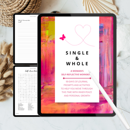 Digital product packaging for 'Single & Whole' self-reflective workbook on a tablet screen.