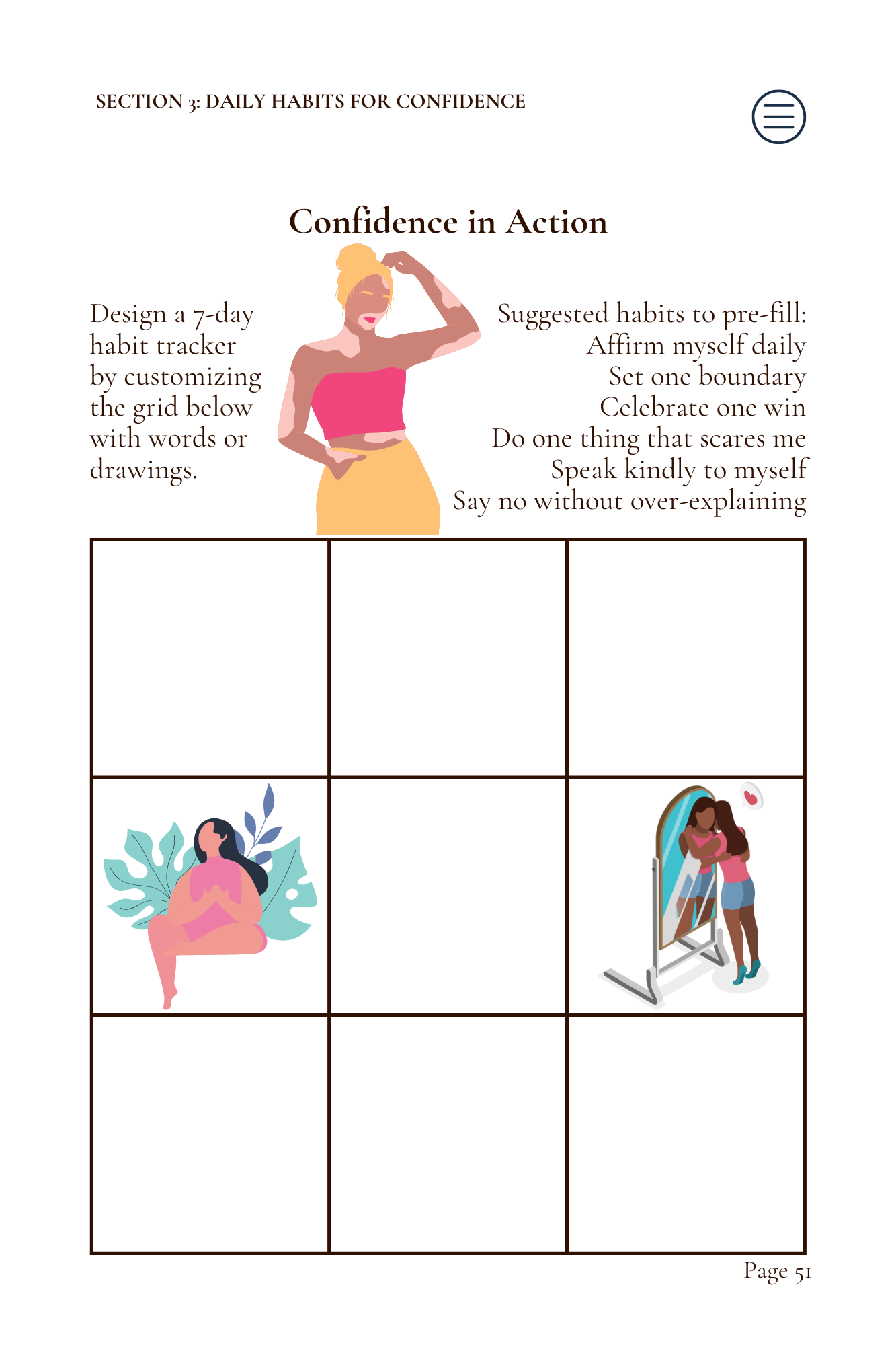 Confidence in Action habit tracker with illustrations of a woman and plants on a white background.