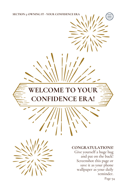 Text 'Welcome to Your Confidence Era!' with decorative elements on a white background