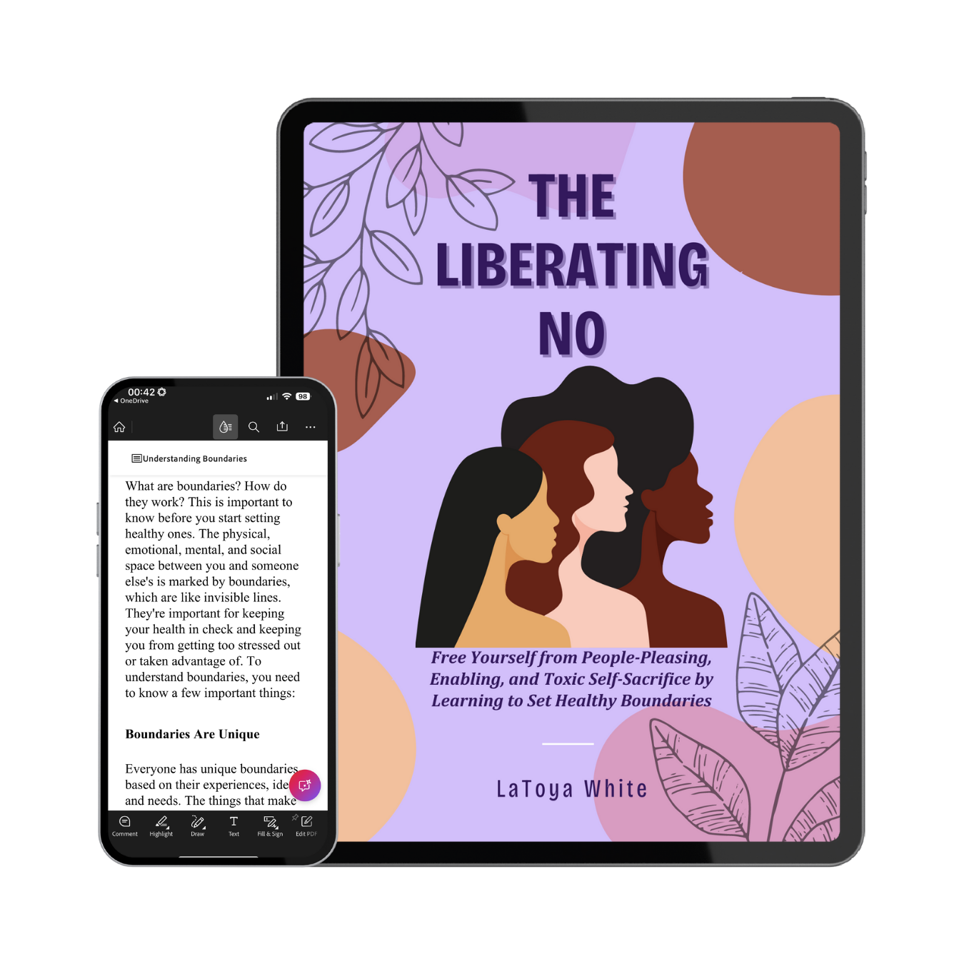 Tablet and smartphone displaying 'The Liberating No' book cover with three women on a purple background.