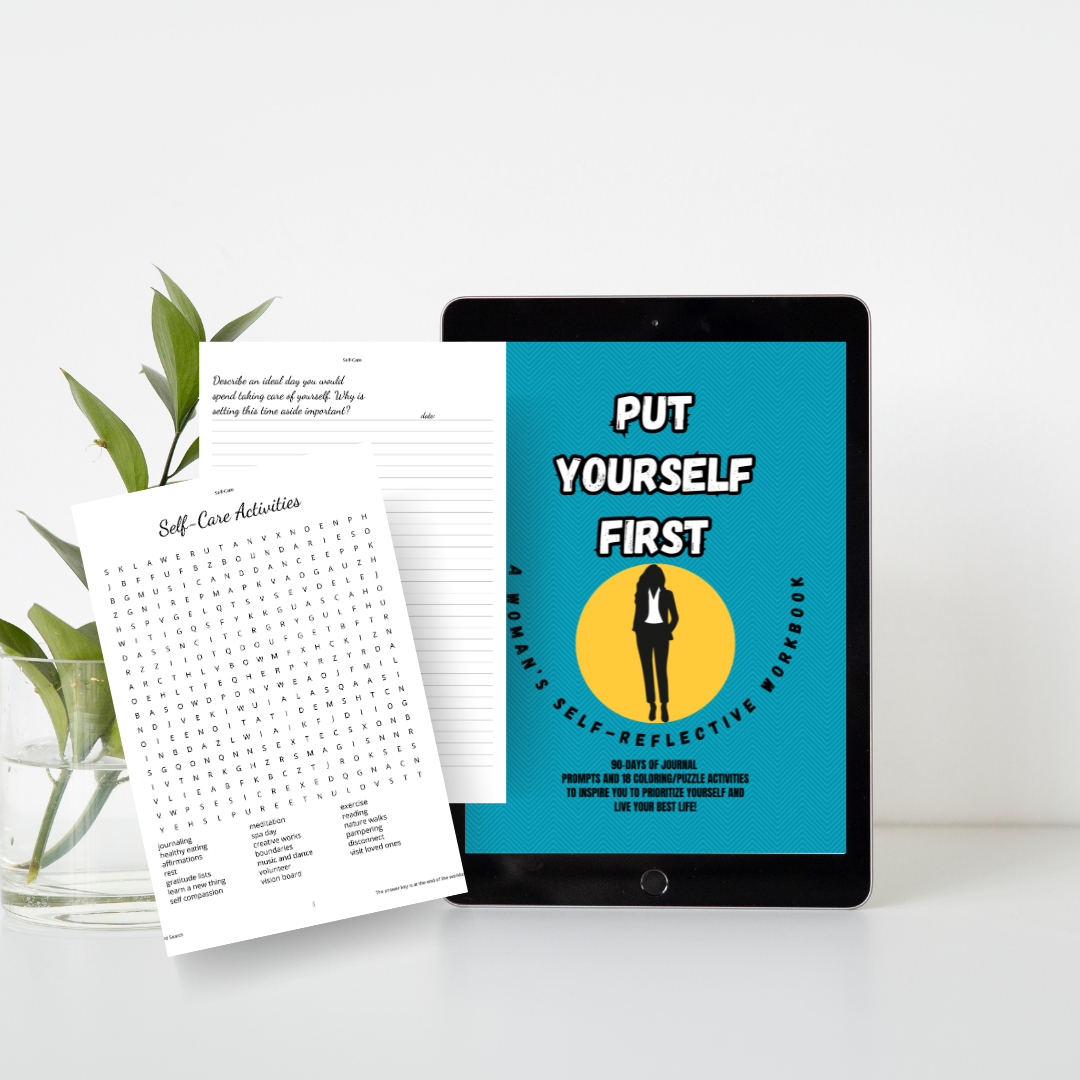 Tablet displaying a self-reflection workbook on a white surface with a plant in the background