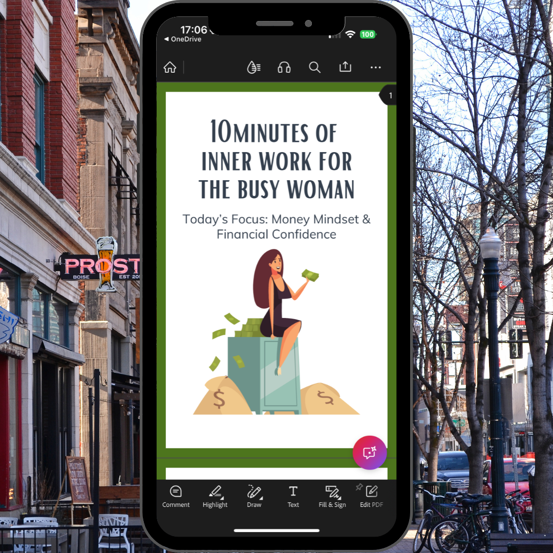 Phone screen displaying an app with a woman on a city street