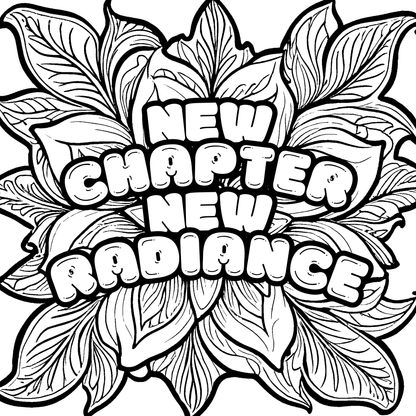 Black and white floral design with 'New Chapter New Radiance' text