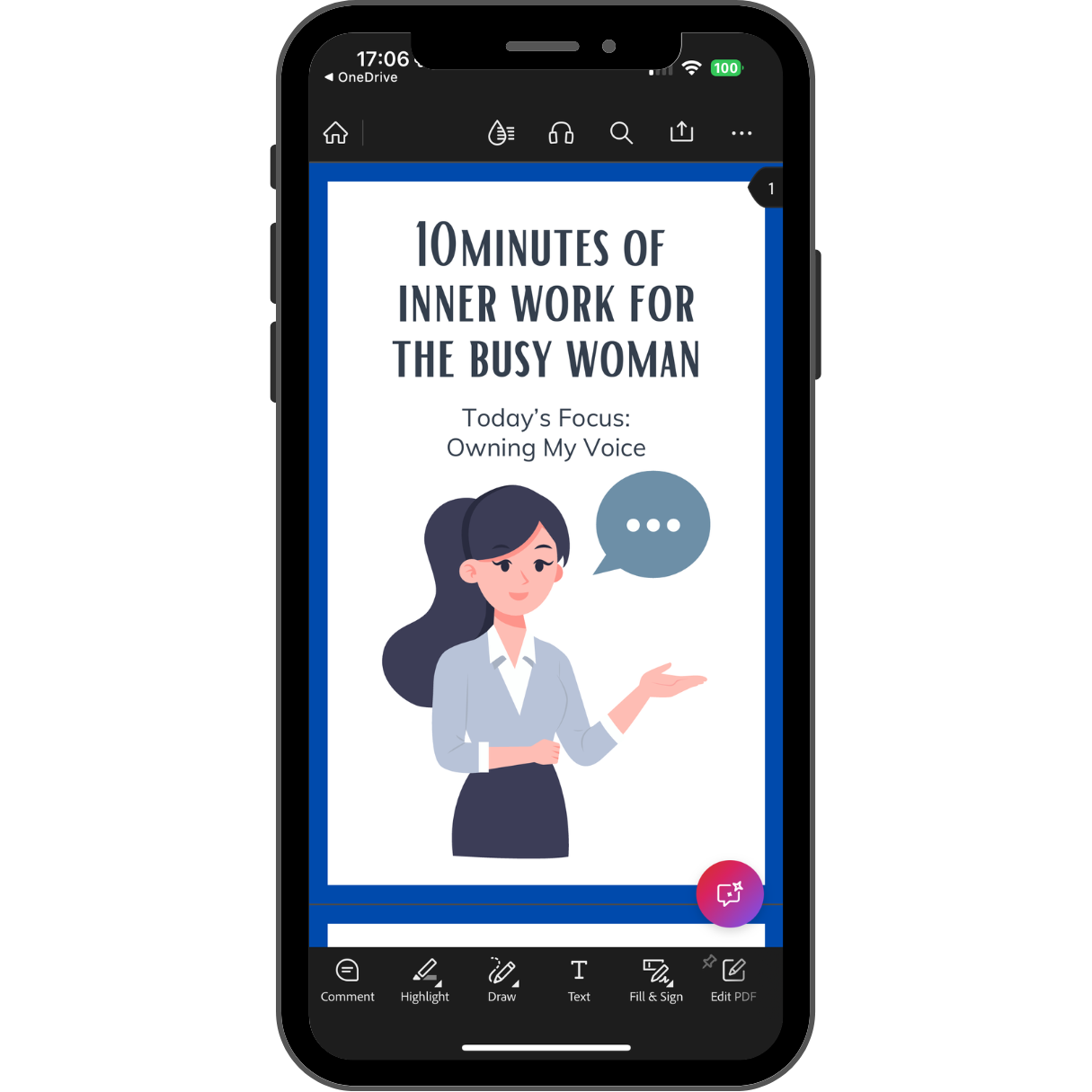 Phone screen displaying a digital product titled '10 Minutes of Inner Work for the Busy Woman' with a character illustration.