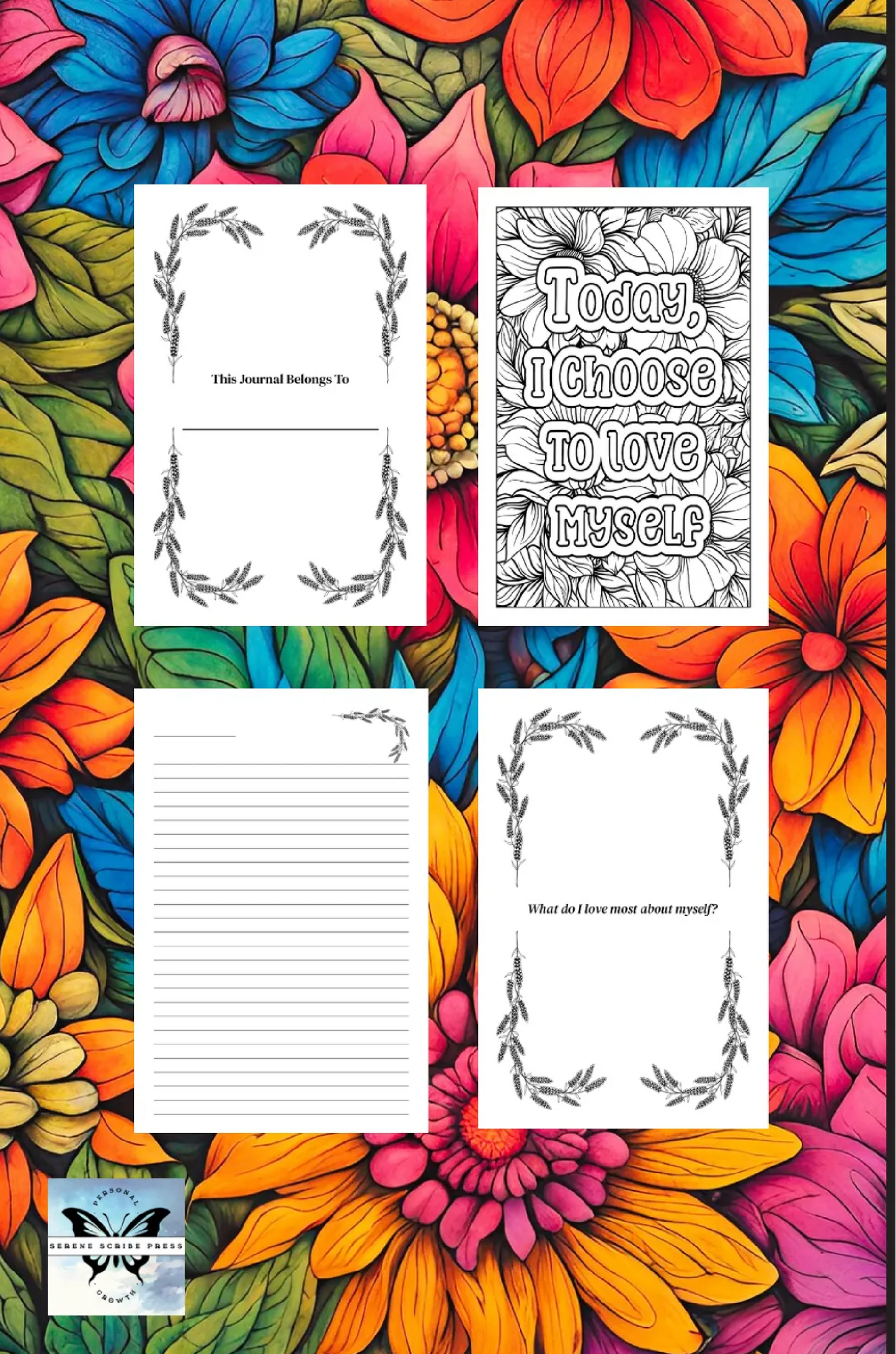 Colorful floral background with self-love-themed pages