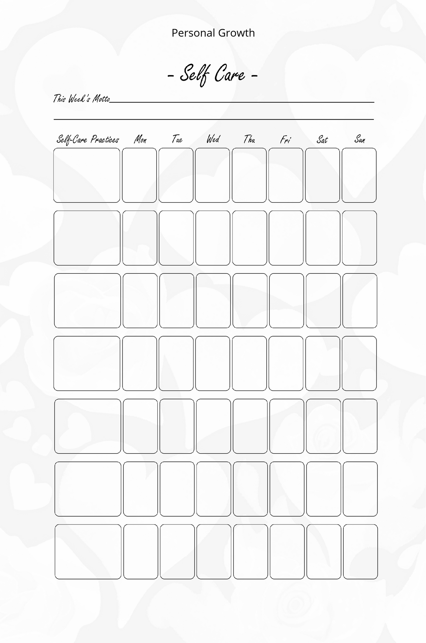 Blank self-care tracker sheet with columns for daily activities on a white background