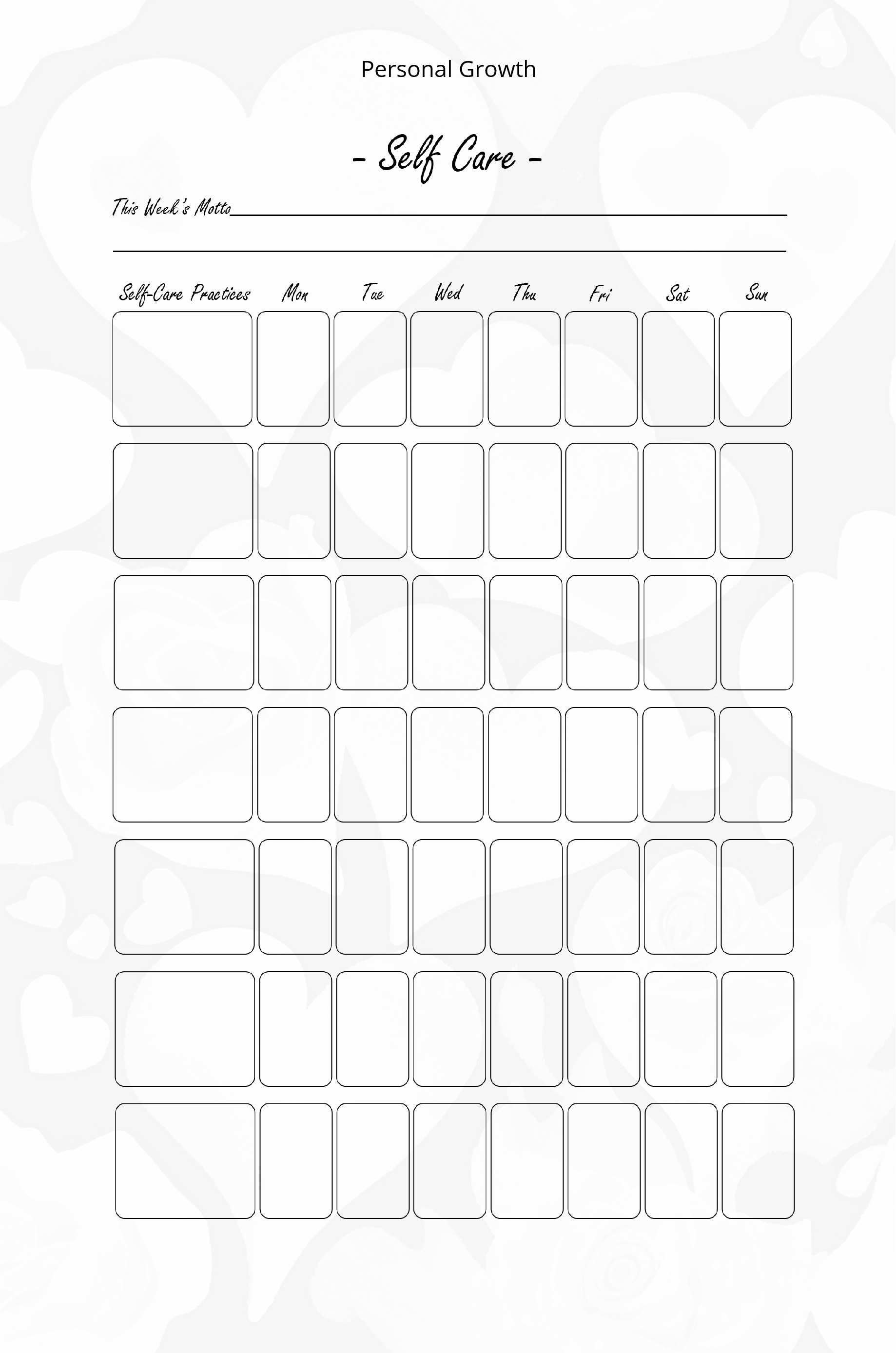 Blank self-care tracker sheet with columns for daily activities on a white background