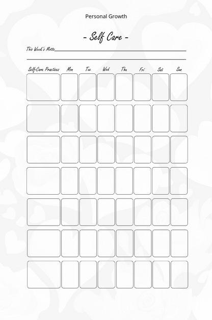 Blank self-care tracker sheet with columns for daily activities on a white background
