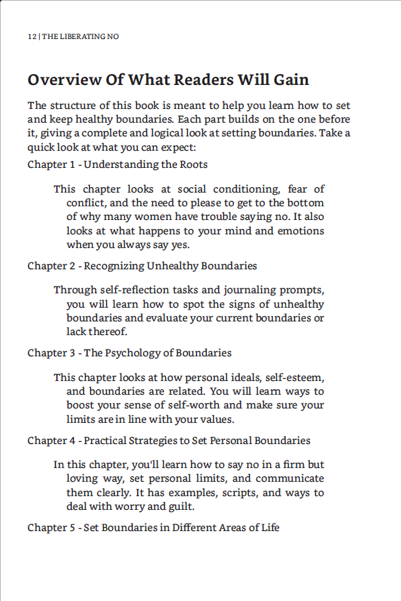 Text document outlining the structure of a book on setting boundaries with chapter descriptions.
