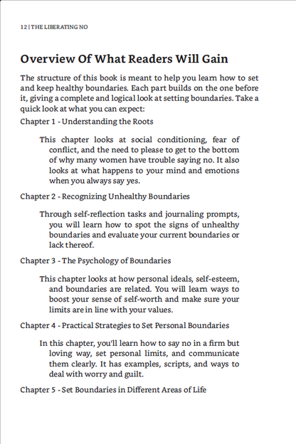 Text document outlining the structure of a book on setting boundaries with chapter descriptions.
