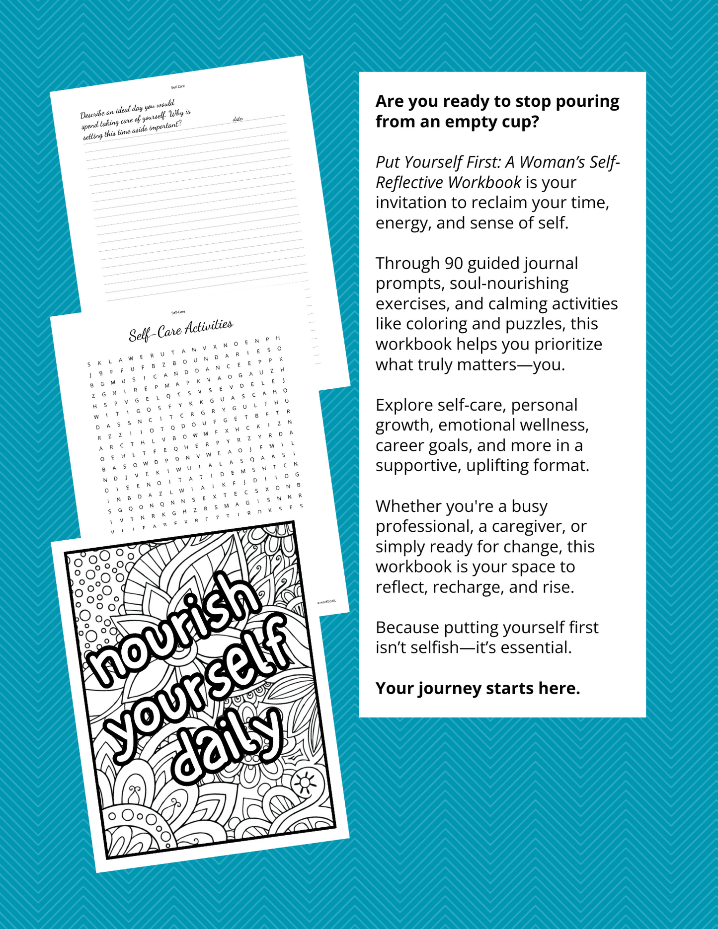 Workbook with self-care activities and coloring page on a blue background