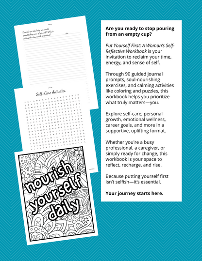 Workbook with self-care activities and coloring page on a blue background