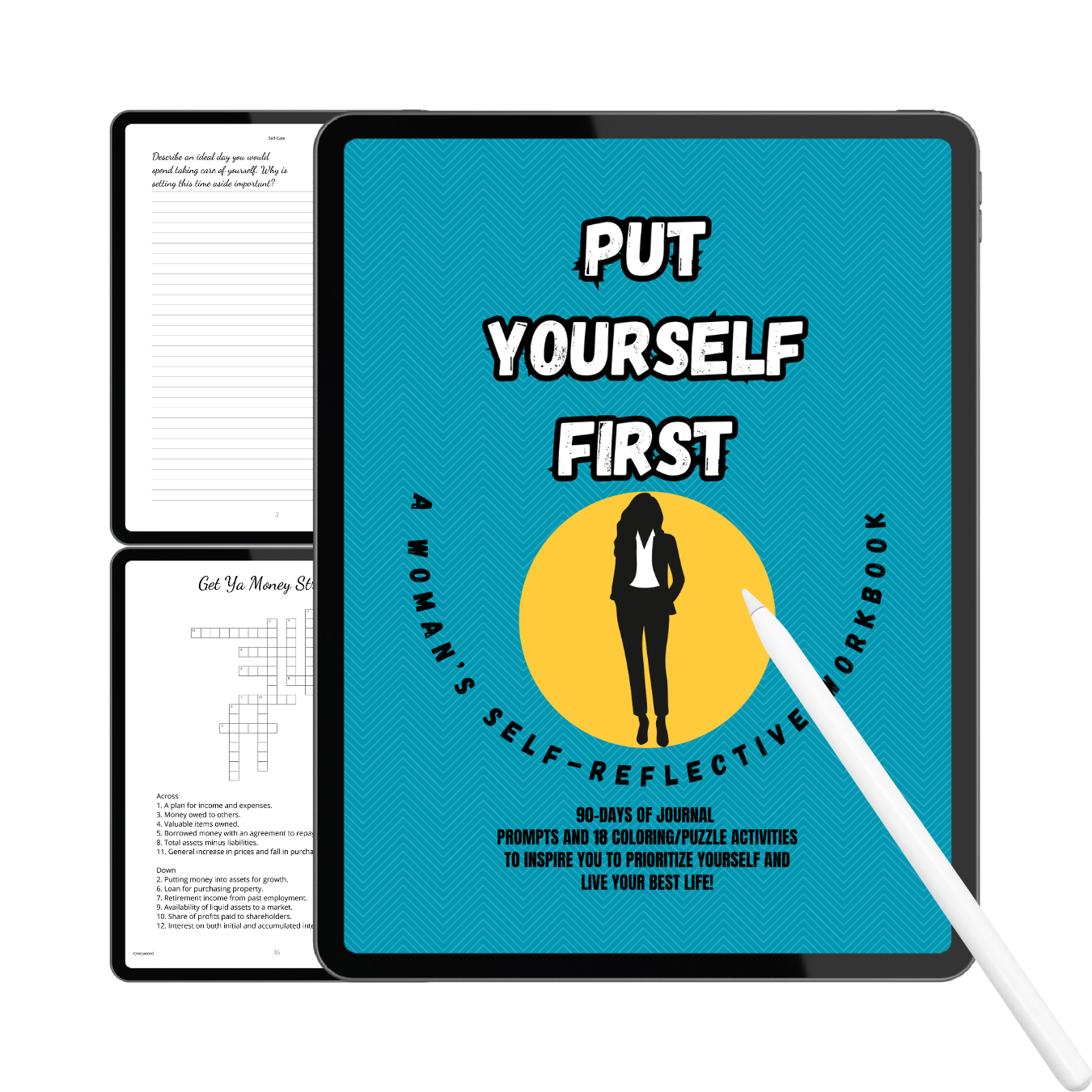 Digital mockup of a 'Put Yourself First' workbook on a tablet screen with a stylus.