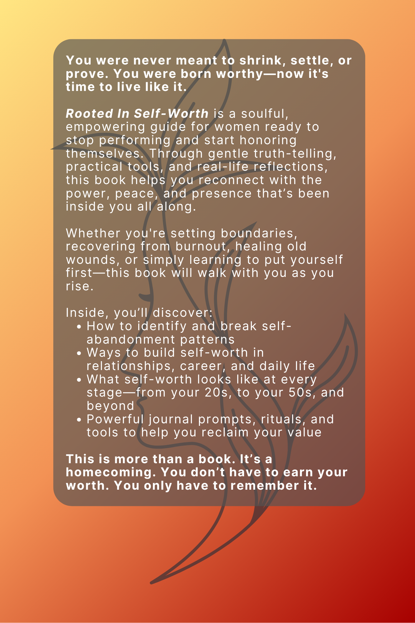 Book cover with text on self-worth and personal growth on an orange background