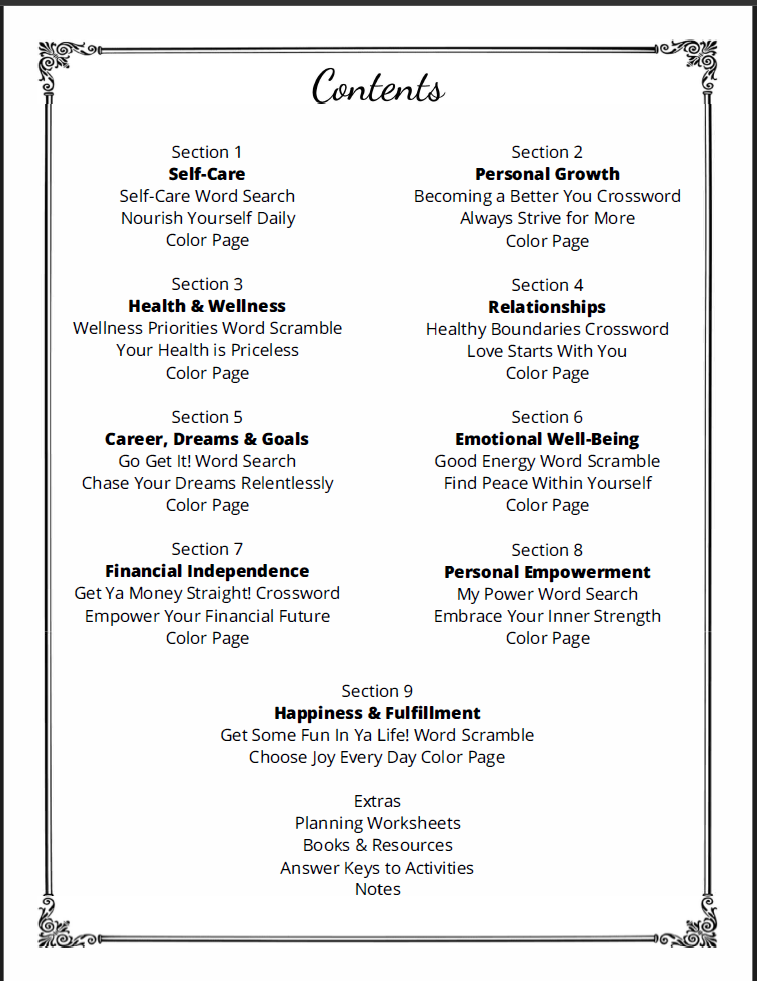 Table of contents for a self-help workbook with various sections and activities.