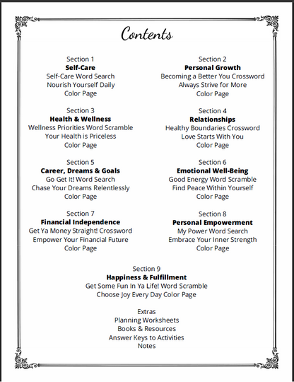 Table of contents for a self-help workbook with various sections and activities.