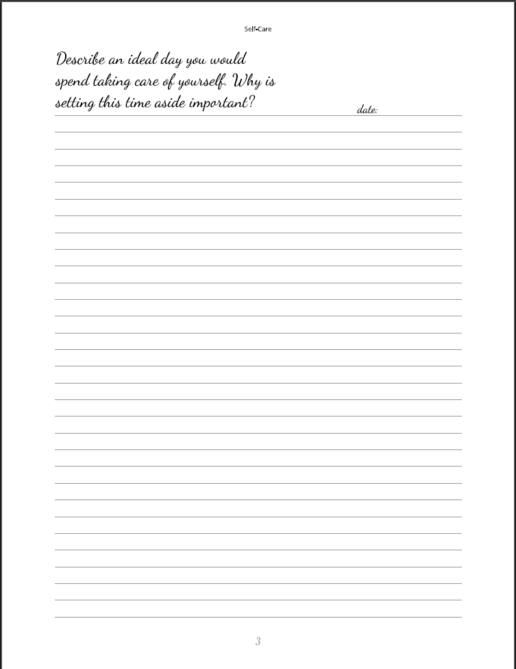 Self-care worksheet with text and lined area for writing.