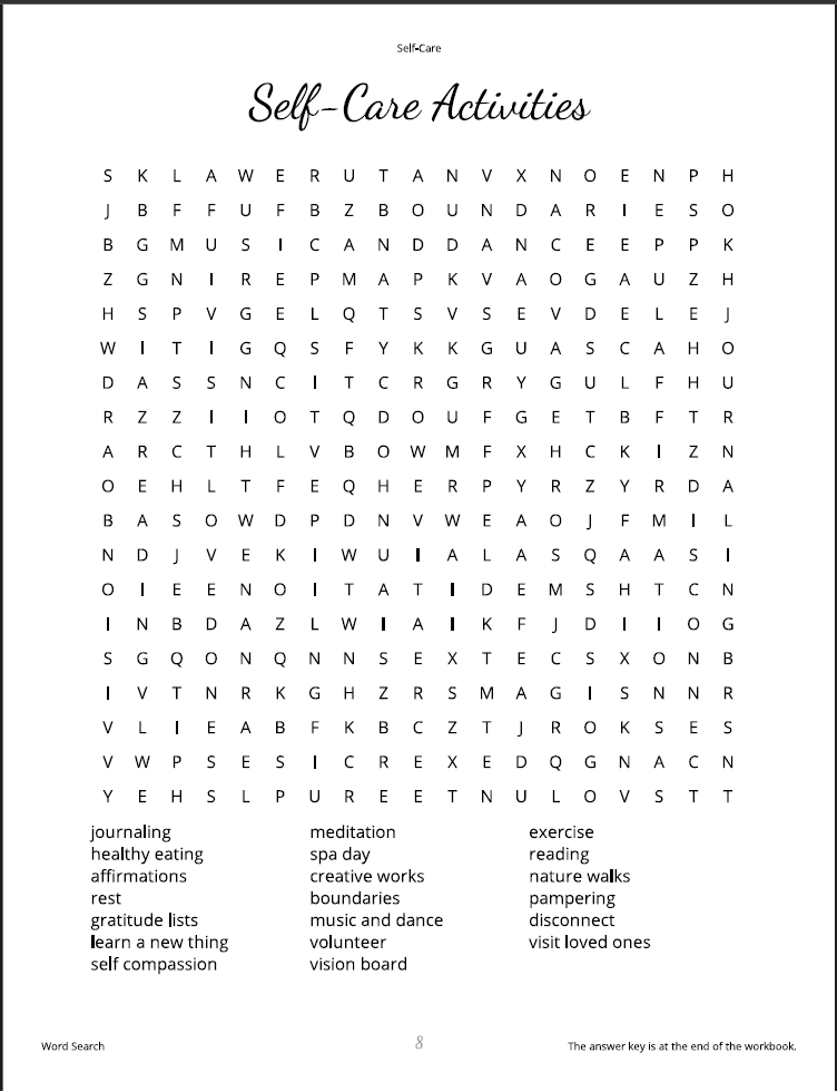 Word search puzzle titled 'Self-Care Activities' on a white background