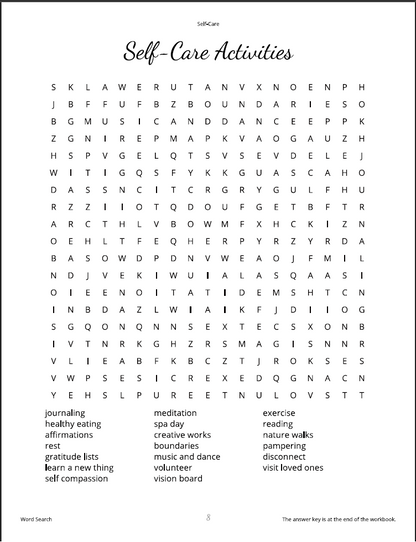 Word search puzzle titled 'Self-Care Activities' on a white background
