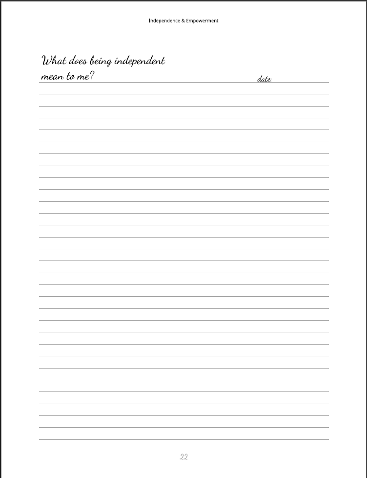 Lined paper with a question 'What does being independent mean to me?' at the top