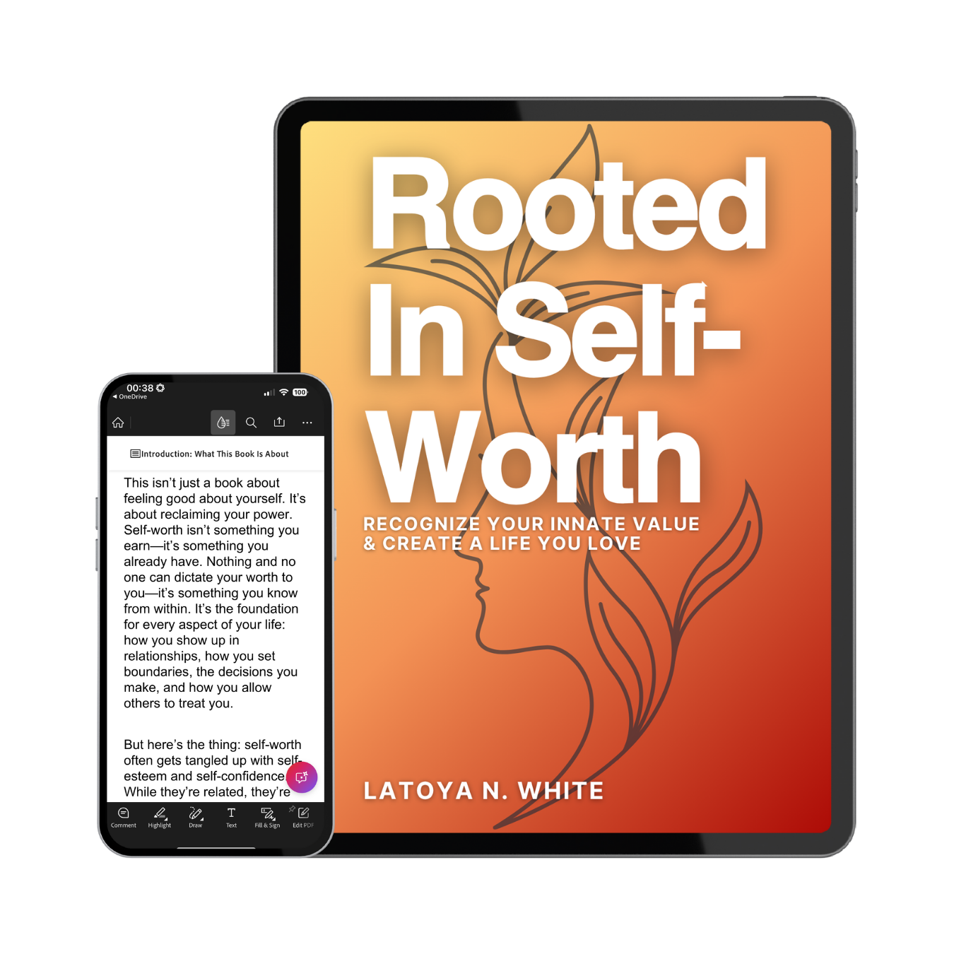 Tablet and smartphone displaying 'Rooted In Self-Worth' book cover and text.