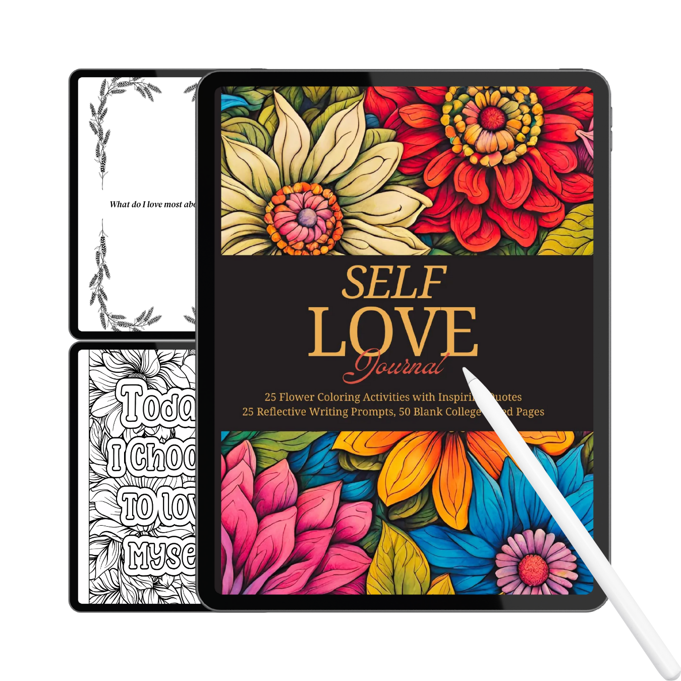 Colorful 'Self Love' journal with floral designs and a pen on a white background