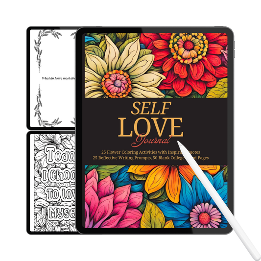 Colorful 'Self Love' journal with floral designs and a pen on a white background