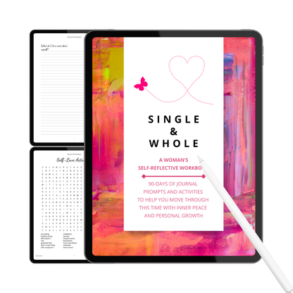 Digital product on a tablet screen with a colorful abstract design and text about self-reflection and personal growth.