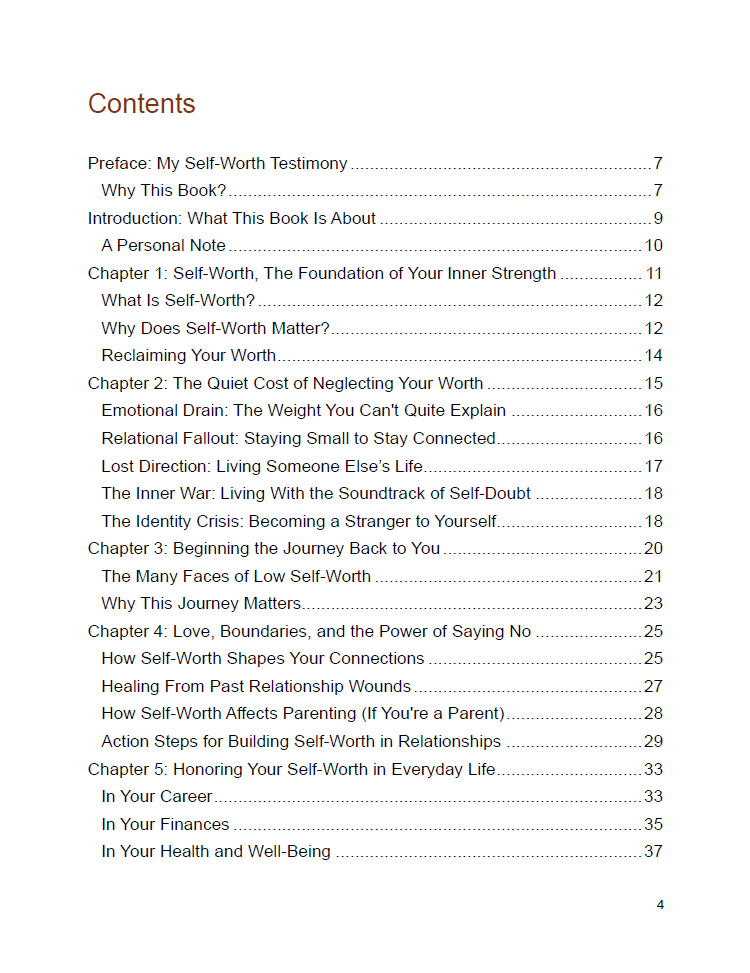 Table of contents for a book on self-worth with chapter titles and page numbers.
